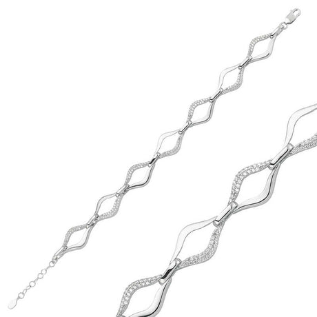 Sterling Silver Zirconia Wavy Interlocking Link Bracelet