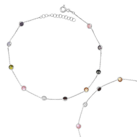 Anklet - Sterling Silver Multi-Colored Stone Bezel Set Dainty Anklet