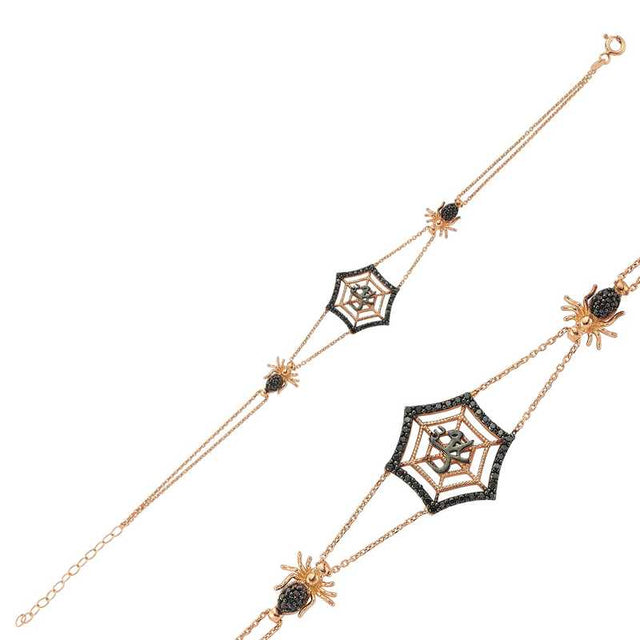 Bracelet - Rose Gold Plated Black Stone Spider Web Design