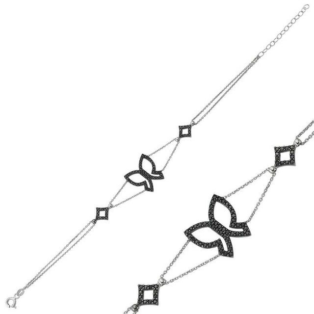 Sterling Silver Butterfly Bracelet - Dainty Black Stone Design