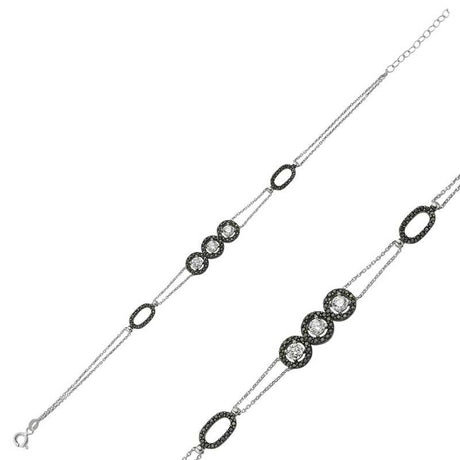 Sterling Silver Bracelet - Three Stone Halo White & Black Zirconia