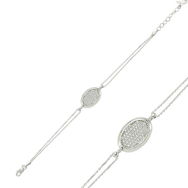 Sterling Silver Bracelet - Elegant Oval Pavé White Stone Design