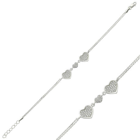 Sterling Silver Heart Charm Bracelet - Pavé Zirconia Dainty Design