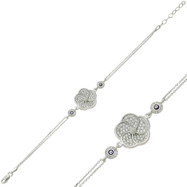 Bracelet - Sterling Silver Floral Zirconia & Evil Eye Charm