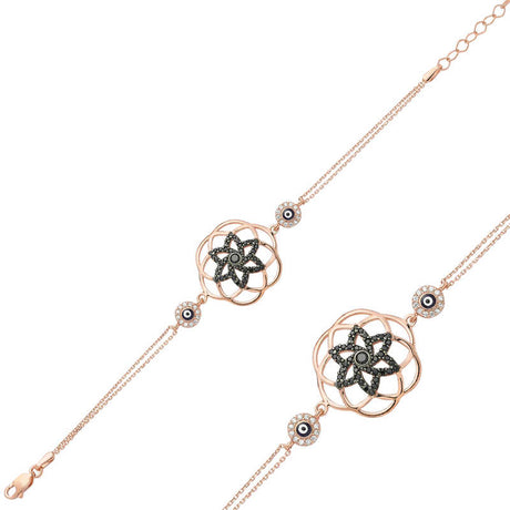 Rose Gold Plated Bracelet - Intricate Floral & Evil Eye Charm