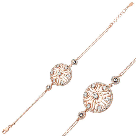 Rose Gold Plated Sterling Silver Flower of Life & Evil Eye Bracelet