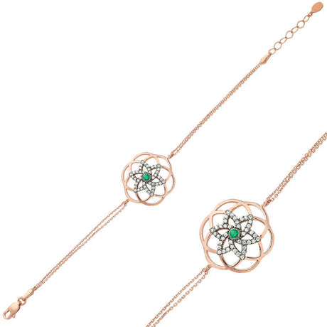 Rose Gold-Tone Flower of Life Bracelet - Dazzling Green Stone Accent
