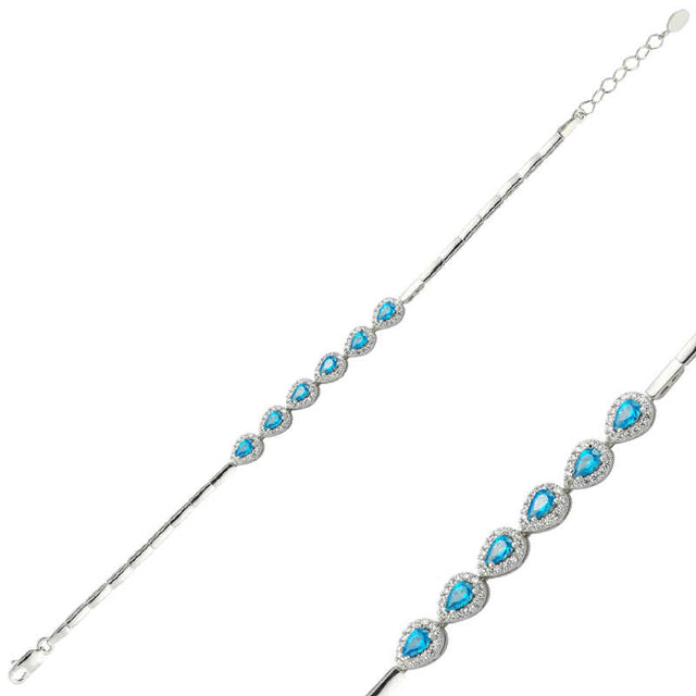 Sterling Silver Bracelet - Dainty Blue Teardrop & CZ Design
