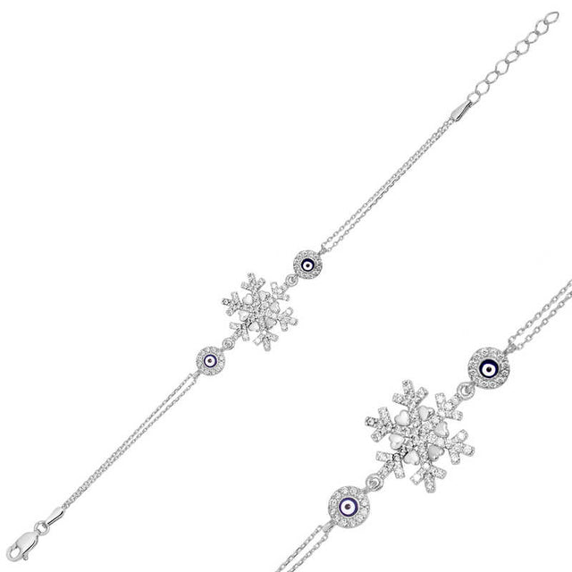 Sterling Silver Snowflake & Evil Eye Charm Bracelet - Dainty CZ