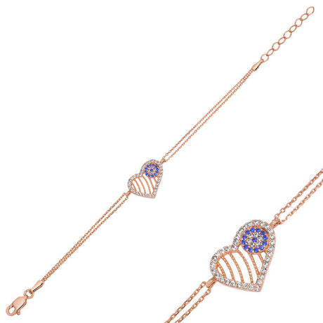 Bracelet - Rose Gold-Tone Heart with Sparkling Cubic Zirconia & Evil Eye