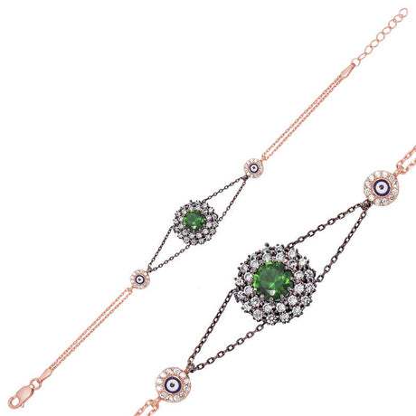 Sterling Silver Bracelet - Rose Gold Plated Green Gemstone & Evil Eye