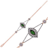 Rose Gold Plated Silver Bracelet - Authentic Green Stone Evil Eye