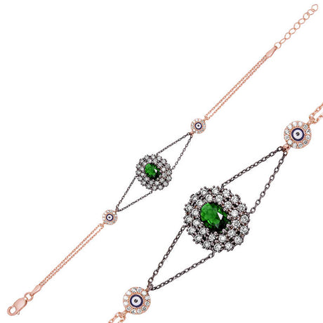Rose Gold-Tone Authentic Green Stone & Evil Eye Statement Bracelet