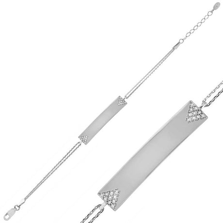 Sterling Silver Engravable Bar Bracelet - Zirconia Accents