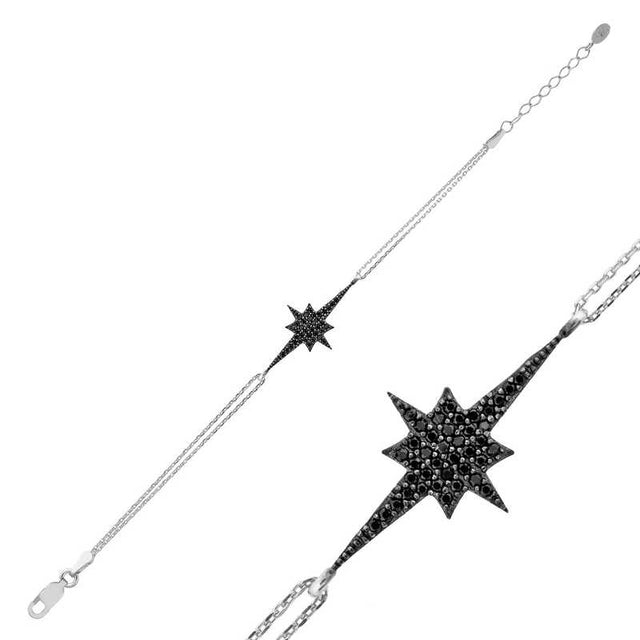 Adjustable Sterling Silver - Black Zirconia Polar Star Bracelet