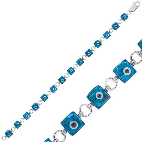 Sterling Silver Evil Eye Bracelet - Square Nazar Charm Design