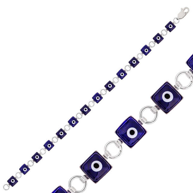 Sterling Silver Evil Eye Charm Bracelet - Protection Link Style