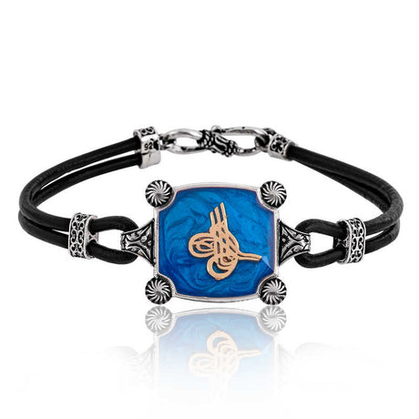 Men's Bracelet - Sterling Silver & Leather Ottoman Tugra Design