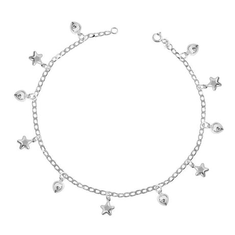 Sterling Silver Heart & Star Charm Anklet - Dainty & Delicate