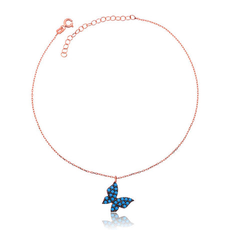 Rose Gold Plated Silver Anklet - Dainty Blue Butterfly Charm