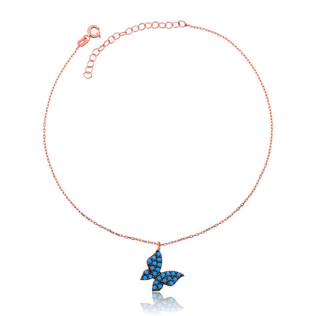 Rose Gold Plated Silver Anklet - Dainty Blue Butterfly Charm