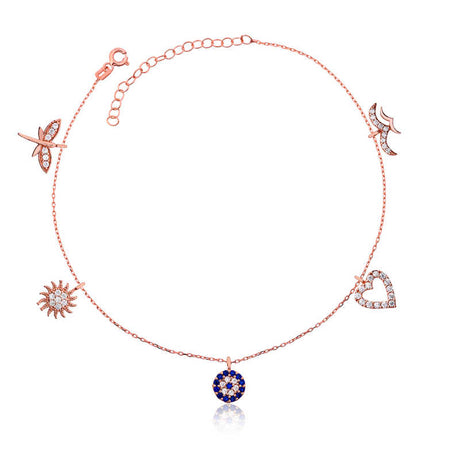 Rose Gold Plated Sterling Silver Anklet - Lucky Charm & Evil Eye Design