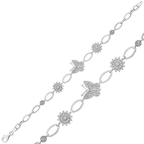 Sterling Silver Butterfly & Sunburst Charm Bracelet - Sparkling CZ