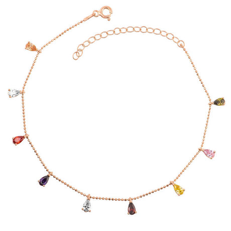 Anklet - Rose Gold Plated Silver Dainty Multicolor Teardrop Charm