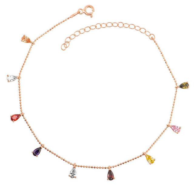 Anklet - Rose Gold Plated Silver Dainty Multicolor Teardrop Charm