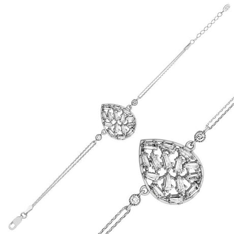 Sterling Silver Water Drop Baguette & Round CZ Cluster Bracelet