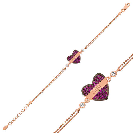 Rose Gold Plated Sterling Silver Heart Bracelet - Personalized Red Zirconia