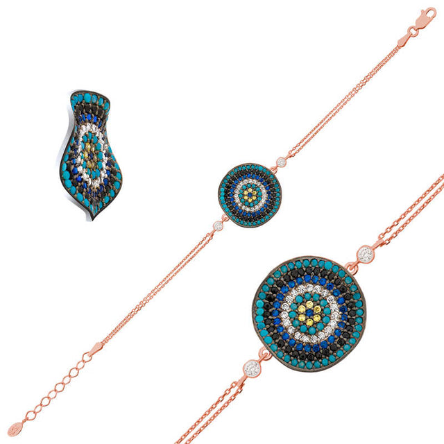 Rose Gold Plated Nazar Evil Eye Bracelet - Colorful Pave Zirconia