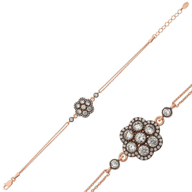 Rose Gold Tone Silver Flower Bracelet - Vintage Diamond-Cut Style