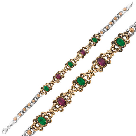 Vintage-Inspired Filigree Bracelet with Green & Red Gemstones