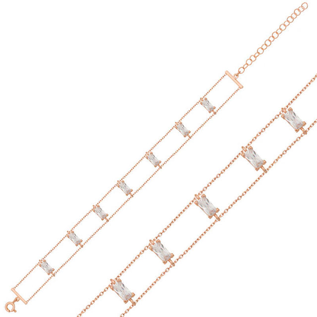 Rose Gold Plated Baguette Zirconia Delicate Chain Bracelet