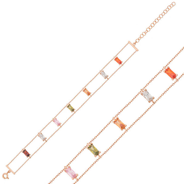 Rose Gold Plated Sterling Silver Bracelet - Multi-Color Baguette