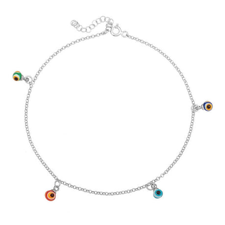 Sterling Silver Anklet - Dainty Multi-Color Evil Eye Charm