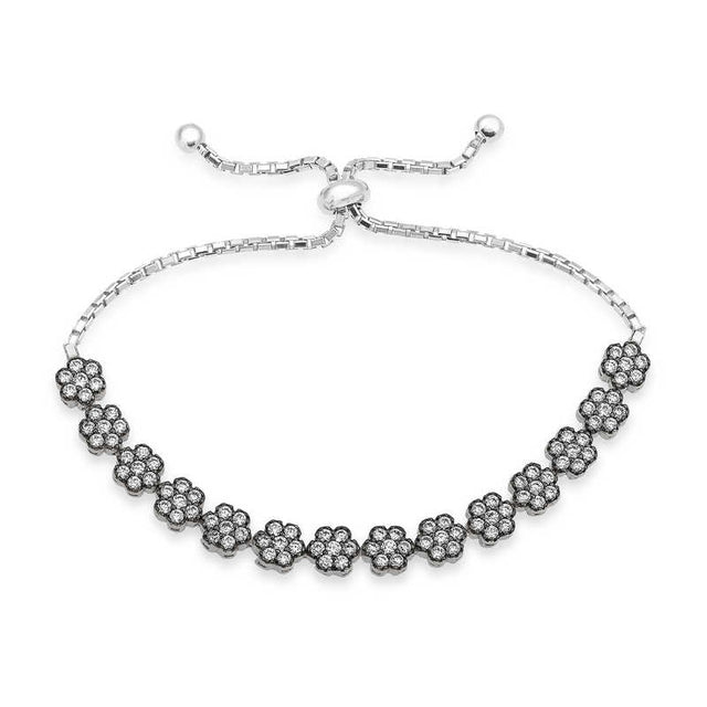 Sterling Silver Adjustable Flower Bracelet - Sparkling Accents
