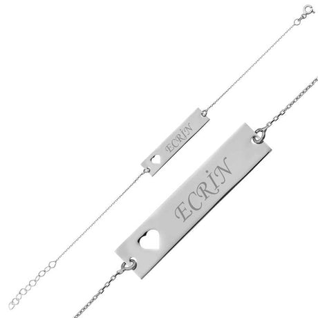 Sterling Silver Personalized Engraved Bar Bracelet with Heart Cut-out