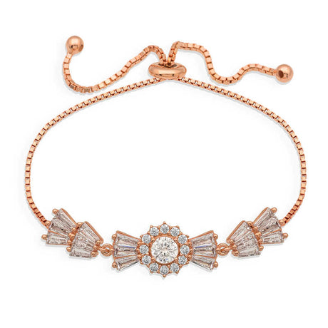 Rose Gold-Tone Adjustable Bolo Bracelet - CZ Baguette & Halo Design