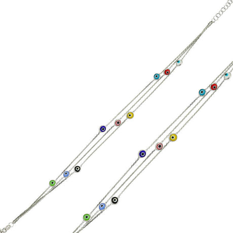 Layered Dainty Bracelet - Silver-Tone with Multi-Color Evil Eye Charms