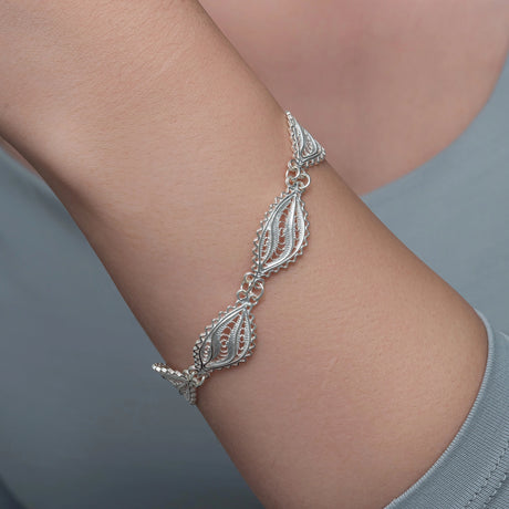 Sterling Silver Filigree Leaf Motif Bracelet - Elegant Design