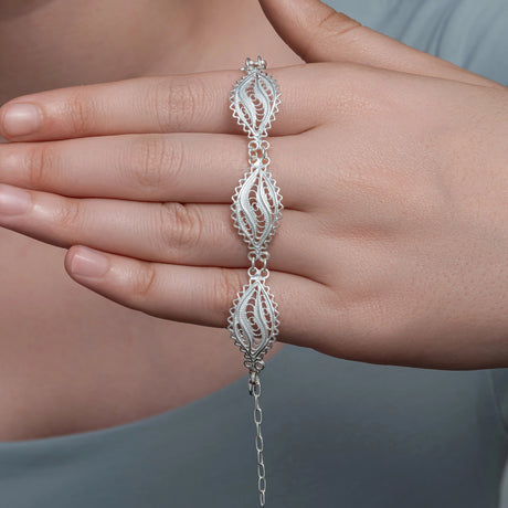 Sterling Silver Filigree Leaf Motif Bracelet - Elegant Design