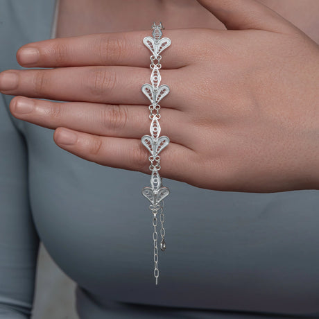 Sterling Silver Filigree Heart Motif Bracelet - Artisan Crafted