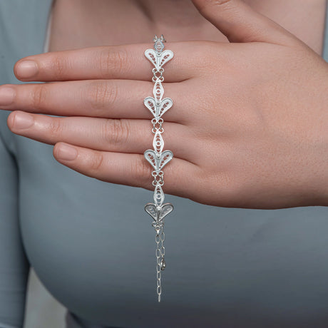 Sterling Silver Filigree Heart Motif Bracelet - Artisan Crafted