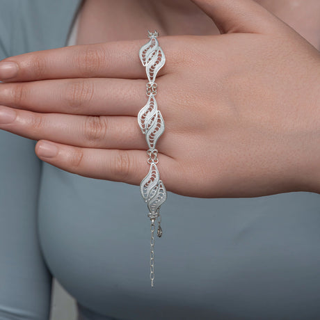 Sterling Silver Filigree Leaf Design Bracelet - Elegant & Ornate