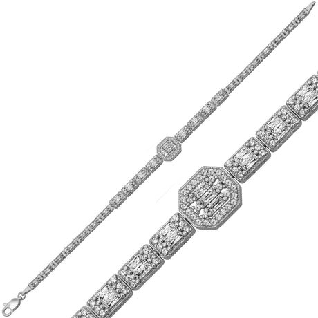 Sterling Silver Dazzling Baguette & Round Cut Tennis Bracelet