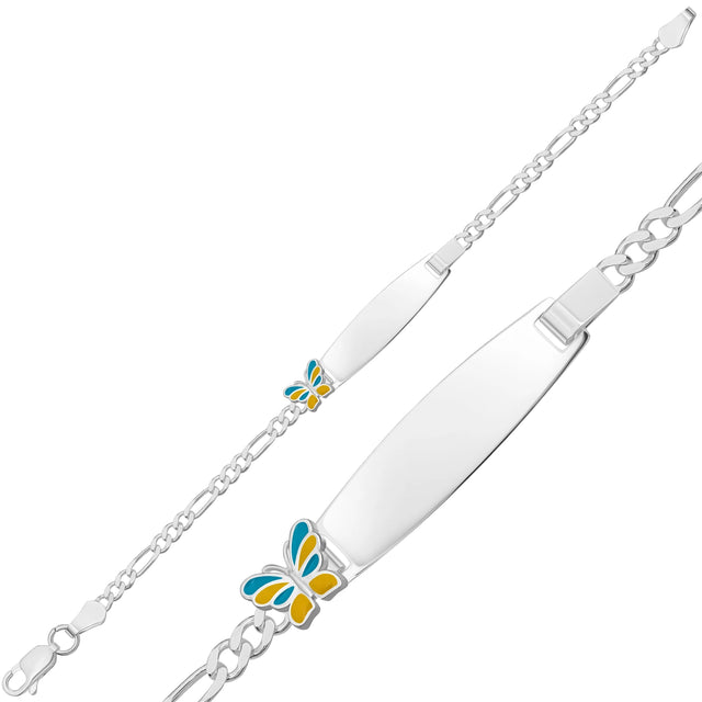 Child's ID Bracelet - Sterling Silver Enamel Butterfly Figaro Chain