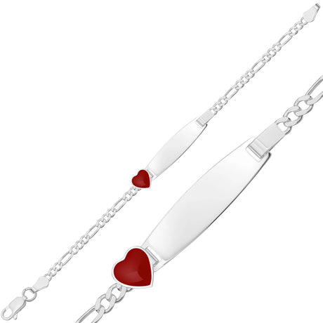Child's Sterling Silver ID Bracelet - Red Heart Figaro Chain