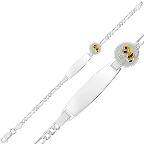 Sterling Silver Kids ID Bracelet - Personalized Bee Charm Figaro Chain
